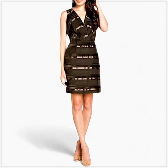 Max and Cleo Brown Satin Stripe Fitted Sheath Sleeveless Cocktail Dress 2 - Picture 1 of 5